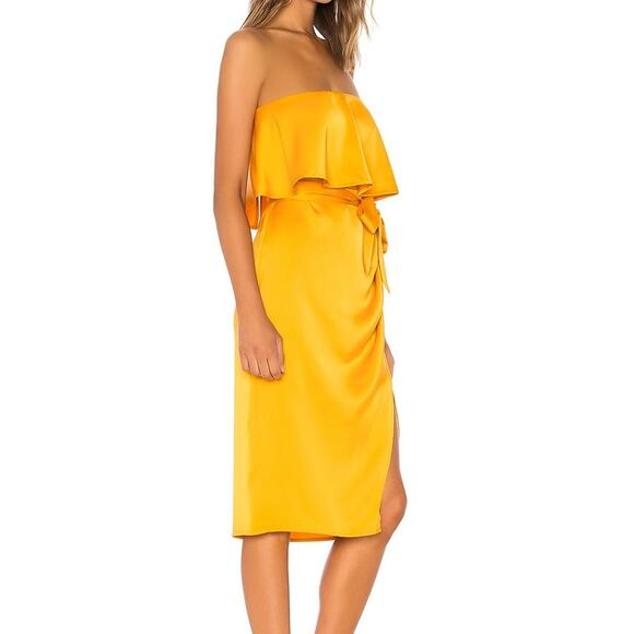 Lovers + Friends Violet Orange Satin Side Slit Formal Strapless Midi Prom Dress - Picture 2 of 10